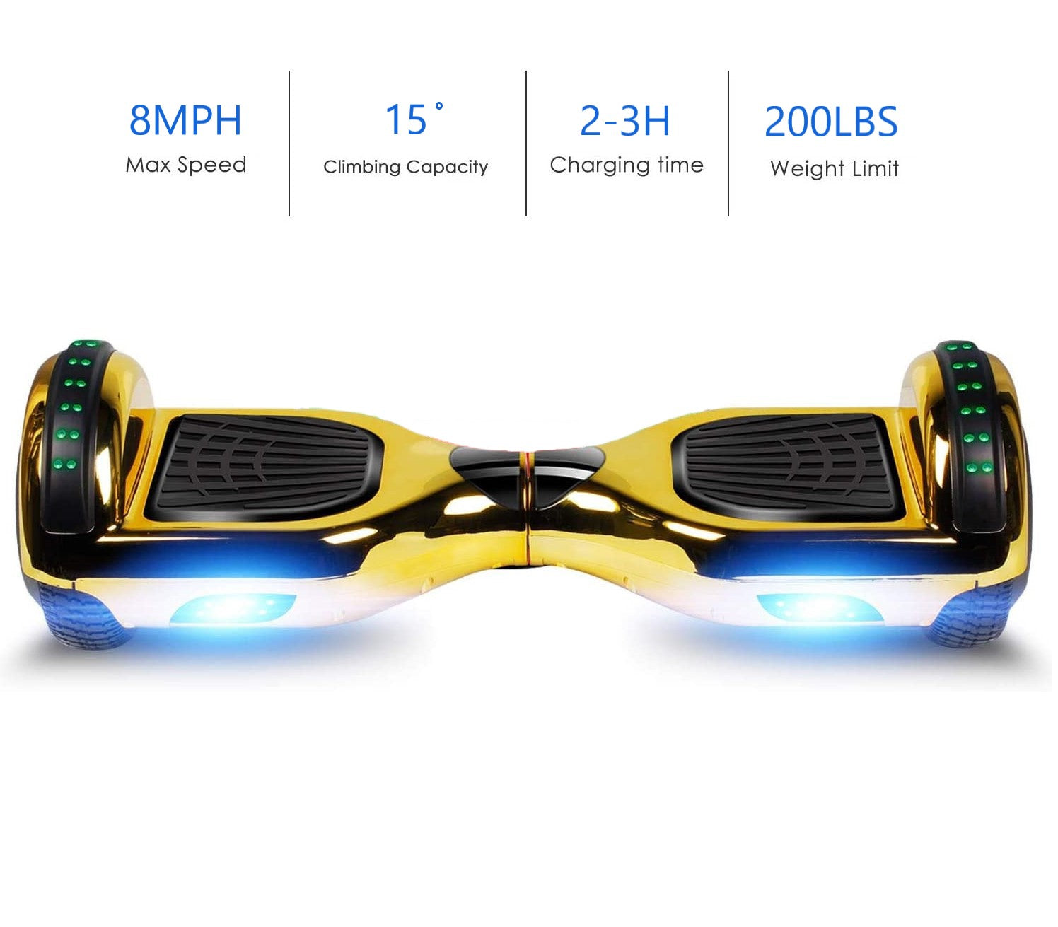 GlareWheel Chrome Gold Hoverboard With Built-In Bluetooth Speaker LED Light Up Wheel