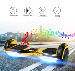 GlareWheel Chrome Gold Hoverboard With Built-In Bluetooth Speaker LED Light Up Wheel