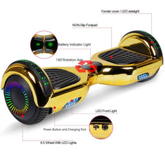 GlareWheel Chrome Gold Hoverboard With Built-In Bluetooth Speaker LED Light Up Wheel